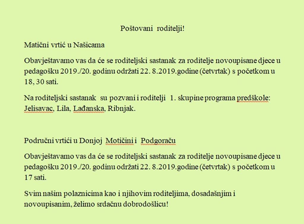 Poštovani roditelji!